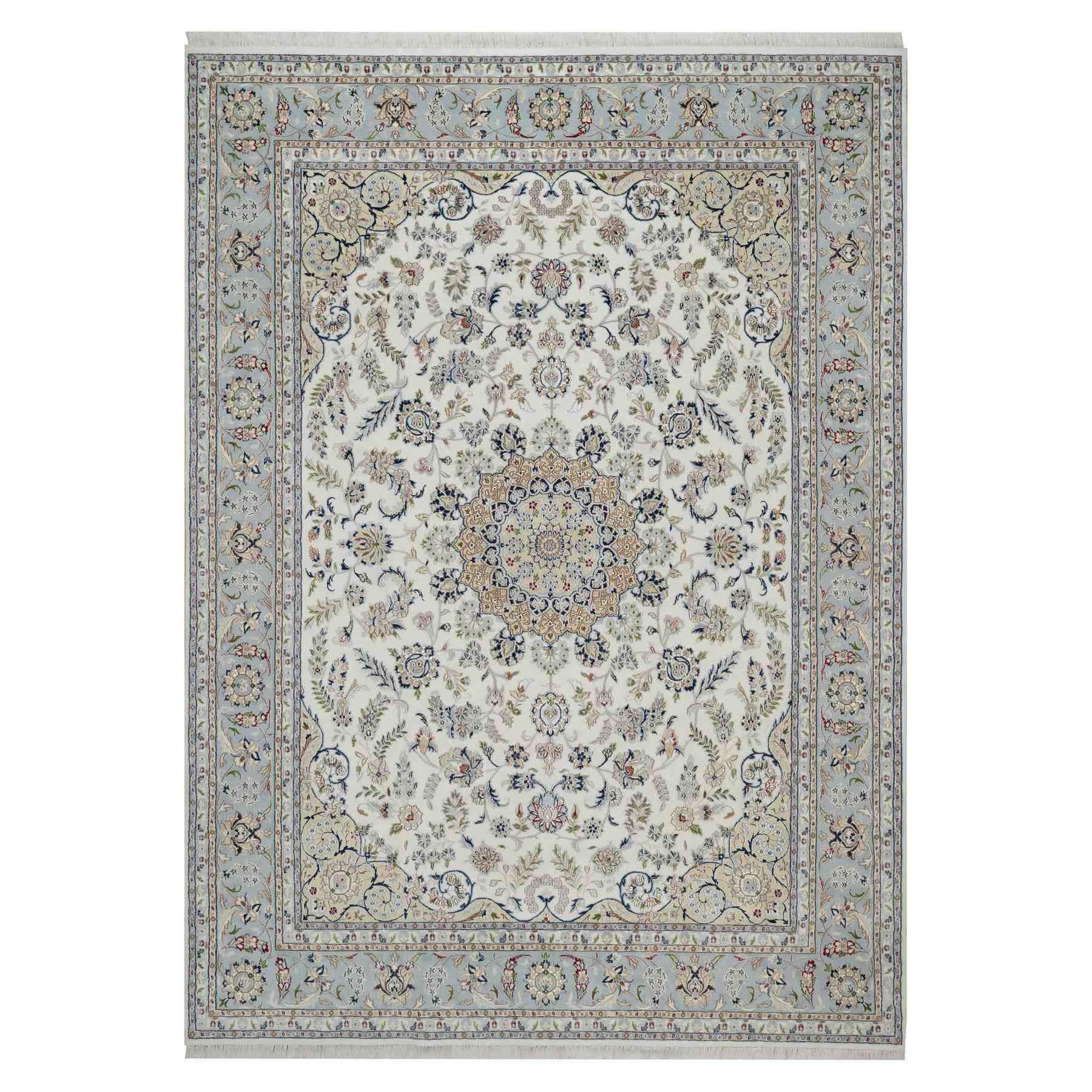 8'9"x12' Pristine White, Nain with Flower Medallion Design, 250 KPSI, Wool and Silk, Soft Pile, Hand Knotted, Oriental Rug 